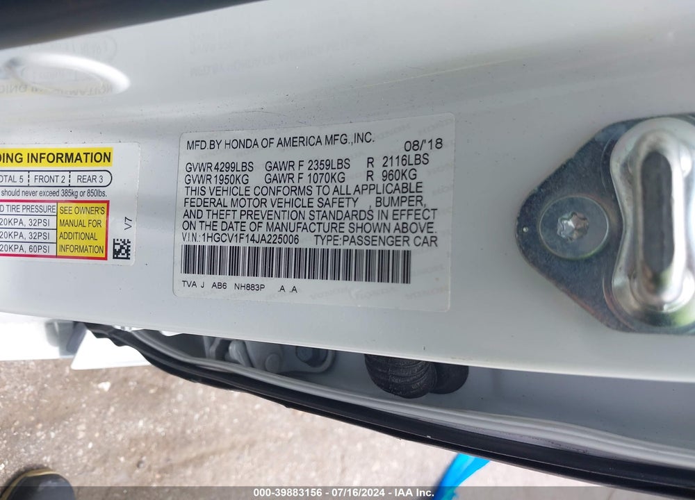 2018 HONDA ACCORD LX VIN: 1HGCV1F14JA225006
