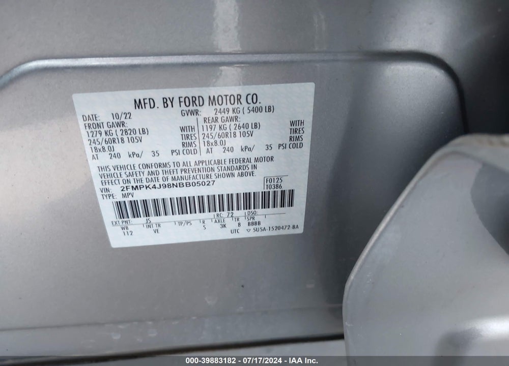 2022 FORD EDGE SEL VIN: 2FMPK4J98NBB05027