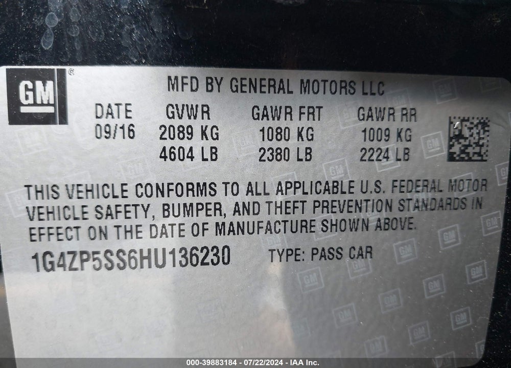 2017 BUICK LACROSSE ESSENCE VIN: 1G4ZP5SS6HU136230