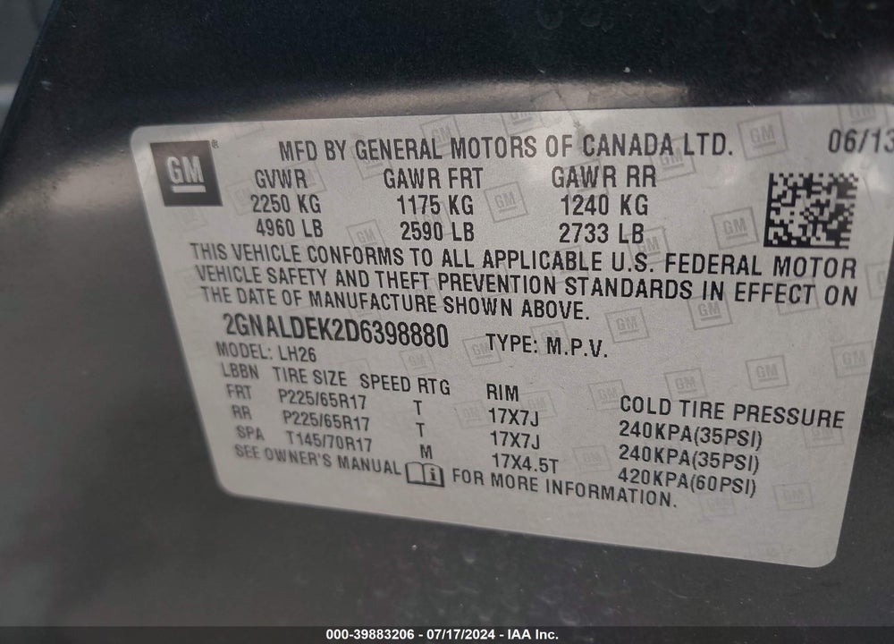 2013 CHEVROLET EQUINOX 1LT VIN: 2GNALDEK2D6398880