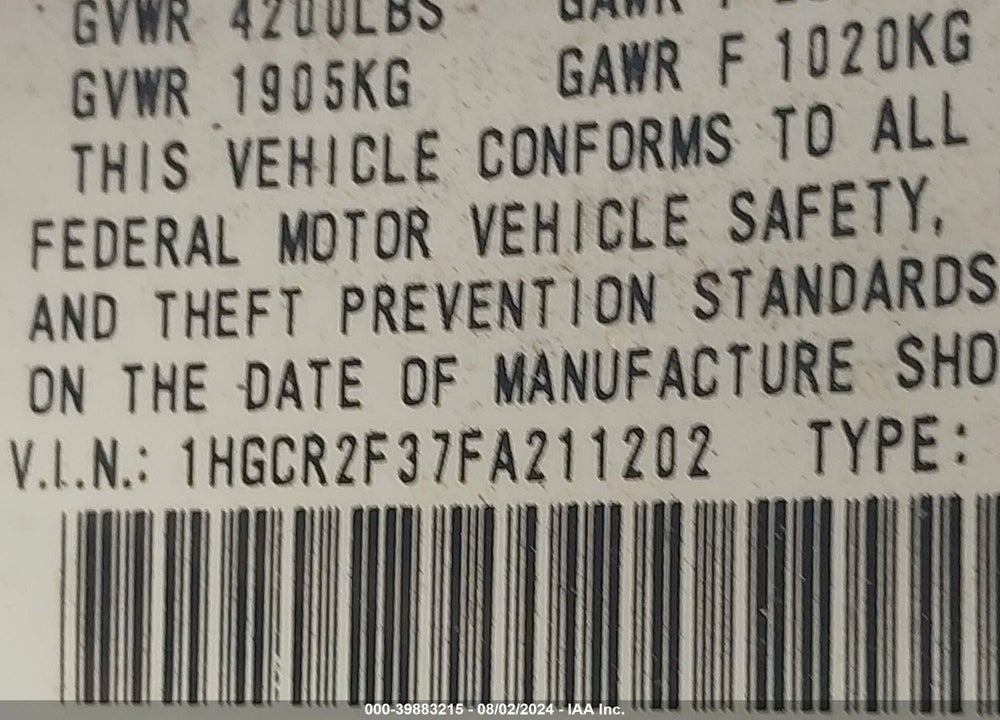 2015 HONDA ACCORD LX VIN: 1HGCR2F37FA211202