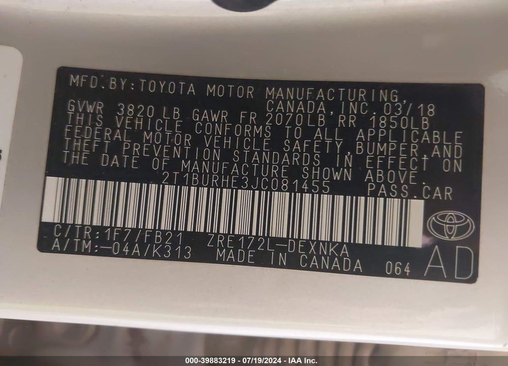 2018 TOYOTA COROLLA VIN: 2T1BURHE3JC081455