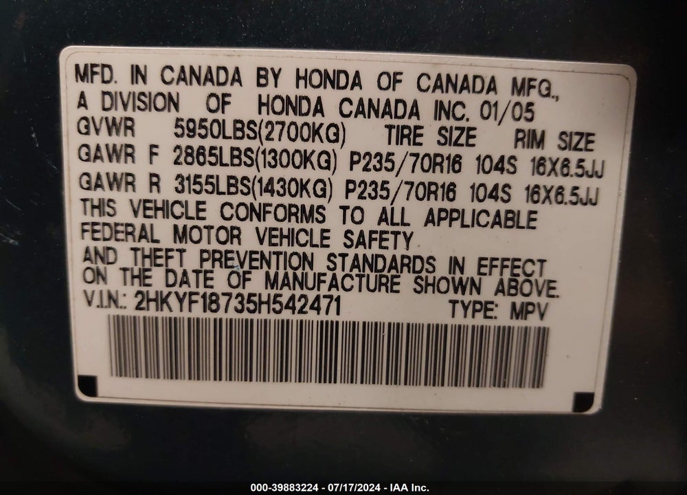 2005 HONDA PILOT EX-L VIN: 2HKYF18735H542471