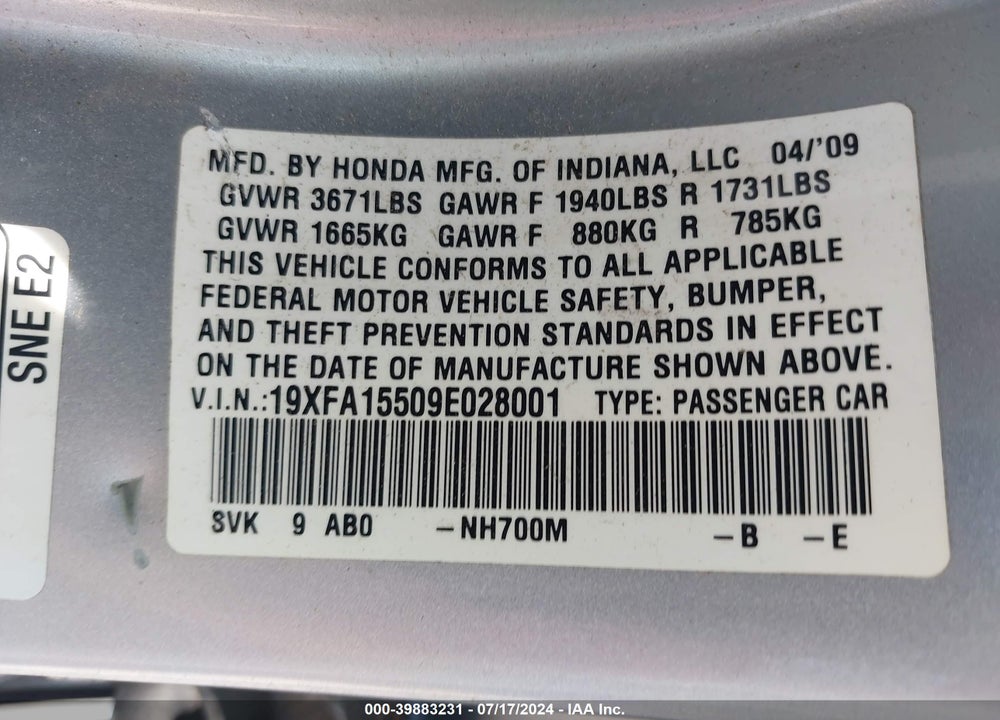 2009 HONDA CIVIC LX VIN: 19XFA15509E028001