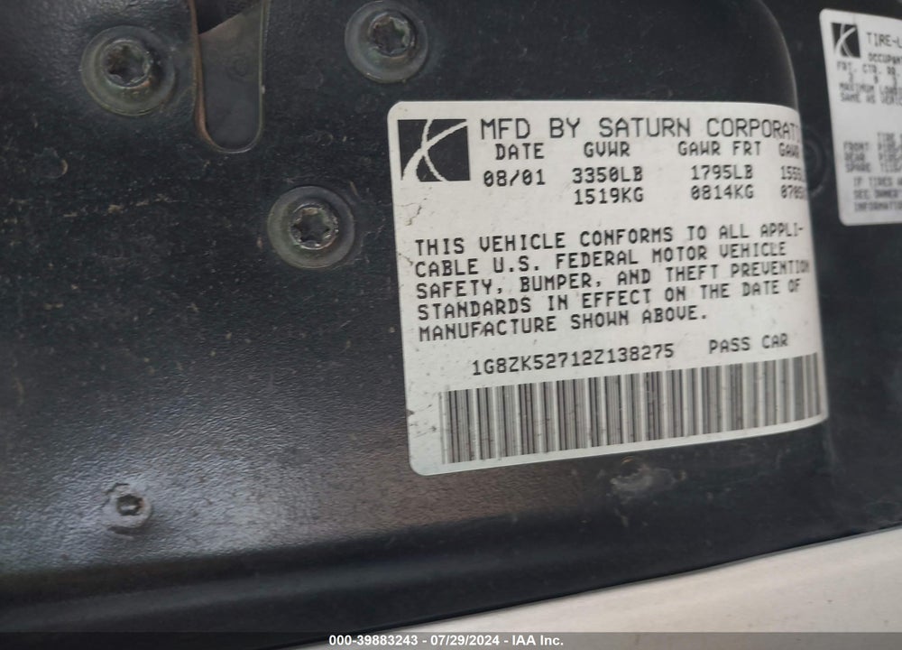 2002 SATURN S-SERIES SL2 VIN: 1G8ZK52712Z138275