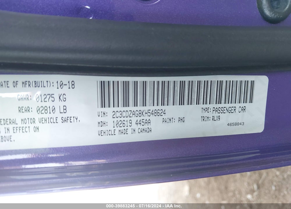 2019 DODGE CHALLENGER SXT VIN: 2C3CDZAG8KH548624