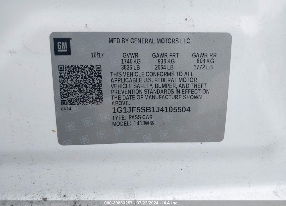 2018 CHEVROLET SONIC PREMIER AUTO VIN: 1G1JF5SB1J4105504