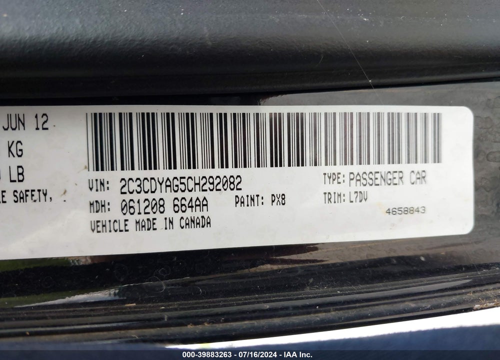 2012 DODGE CHALLENGER SXT VIN: 2C3CDYAG5CH292082