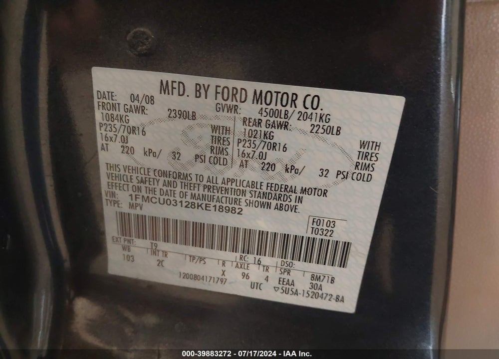 2008 FORD ESCAPE XLT VIN: 1FMCU03128KE18982