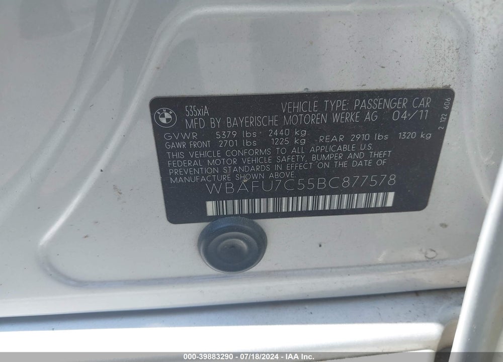 2011 BMW 535I XDRIVE VIN: WBAFU7C55BC877578