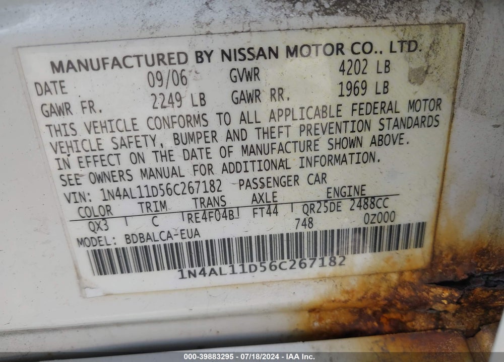 2006 NISSAN ALTIMA 2.5 S VIN: 1N4AL11D56C267182