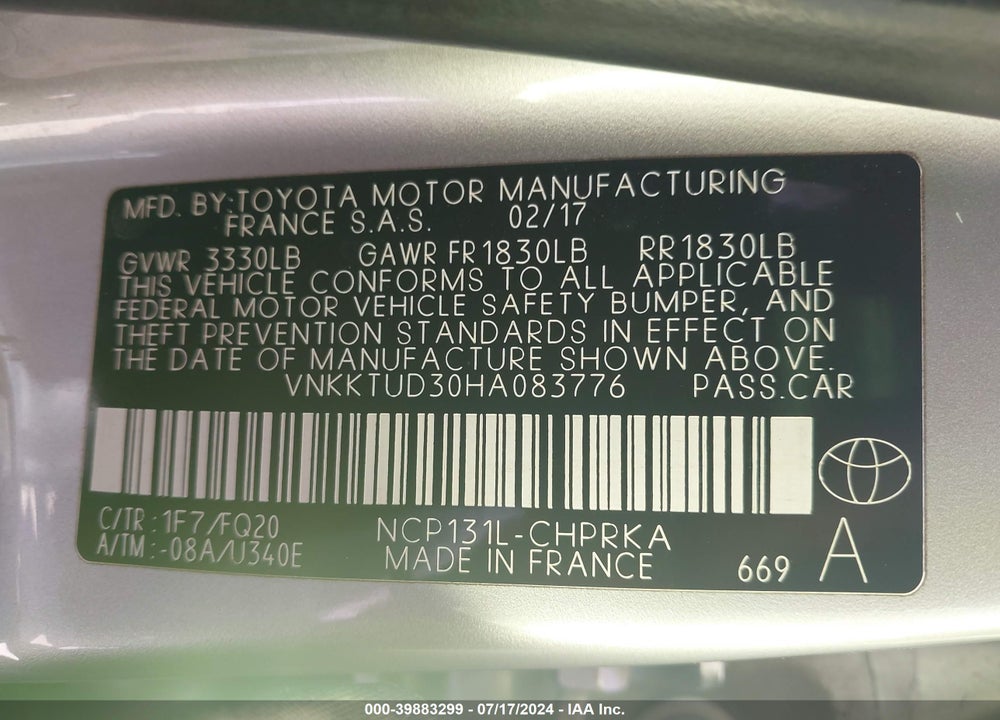 2017 TOYOTA YARIS L VIN: VNKKTUD30HA083776