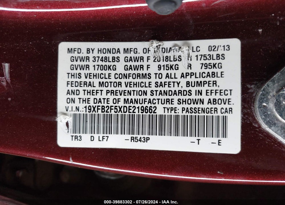 2013 HONDA CIVIC LX VIN: 19XFB2F5XDE219662