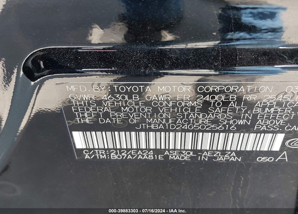 2016 LEXUS IS 200T VIN: JTHBA1D24G5025616