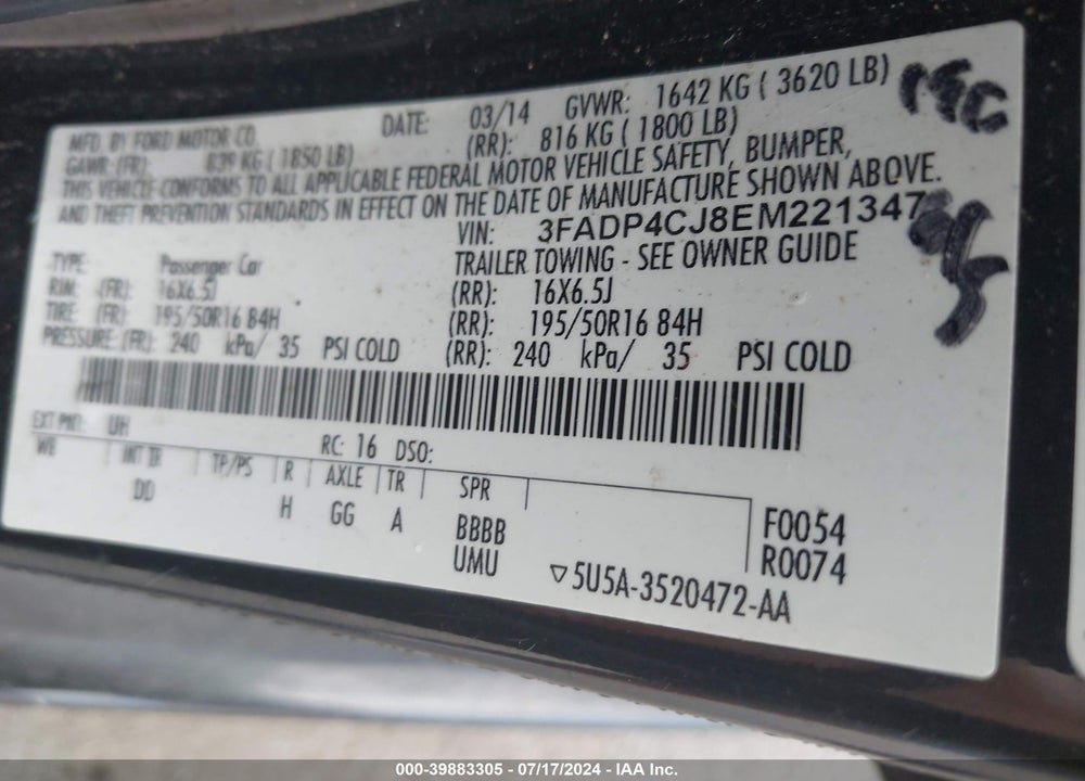 2014 FORD FIESTA VIN: 3FADP4CJ8EM221347