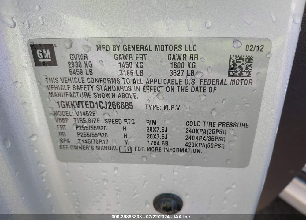 2012 GMC ACADIA DENALI VIN: 1GKKVTED1CJ266685