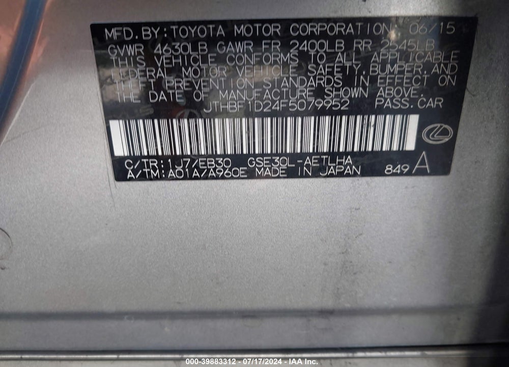 2015 LEXUS IS 250 VIN: JTHBF1D24F5079952