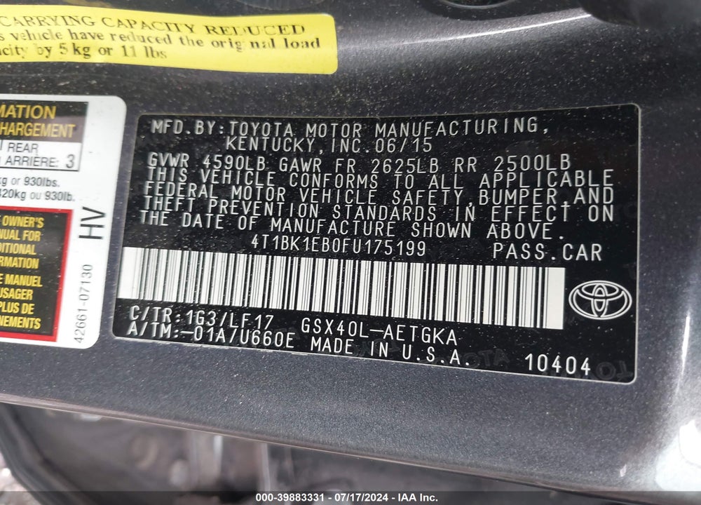 2015 TOYOTA AVALON XLE PREMIUM VIN: 4T1BK1EB0FU175199