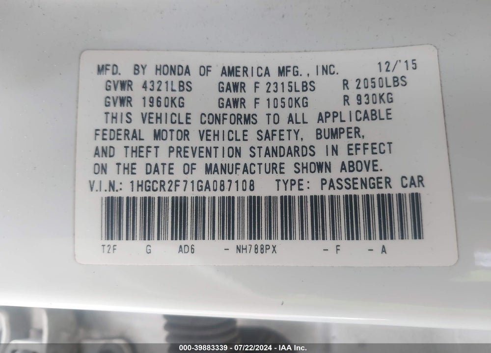 2016 HONDA ACCORD EX VIN: 1HGCR2F71GA087108