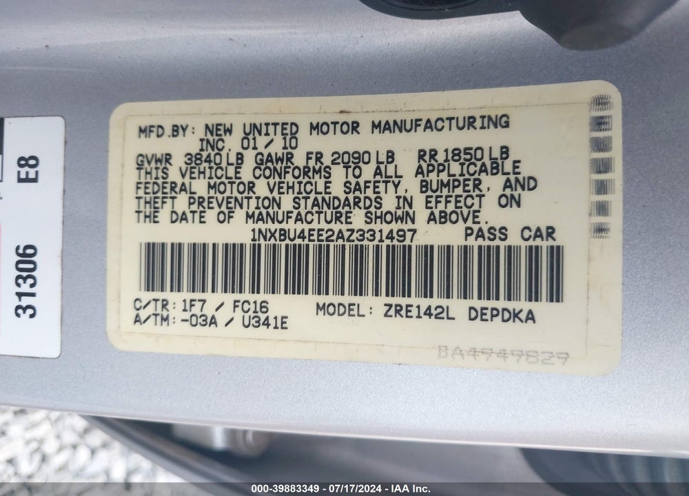 2010 TOYOTA COROLLA LE VIN: 1NXBU4EE2AZ331497