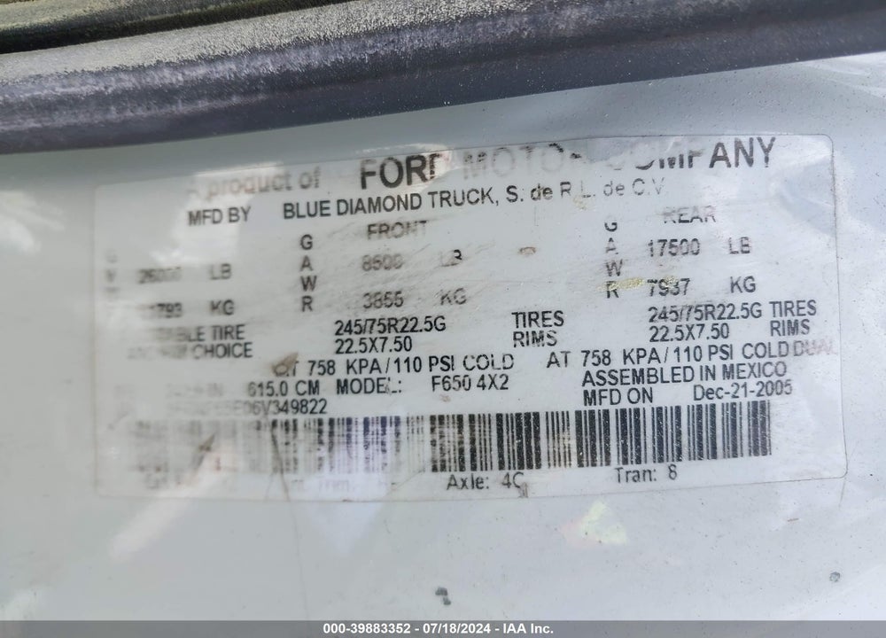 2006 FORD F-650 XL/XLT VIN: 3FRNF65E06V349822