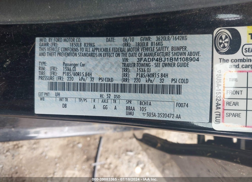 2011 FORD FIESTA SE VIN: 3FADP4BJ1BM108904