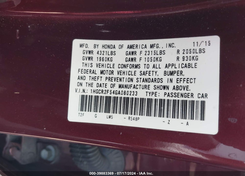 2016 HONDA ACCORD SPORT VIN: 1HGCR2F54GA080233