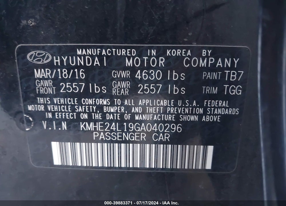 2016 HYUNDAI SONATA HYBRID SE VIN: KMHE24L19GA040296
