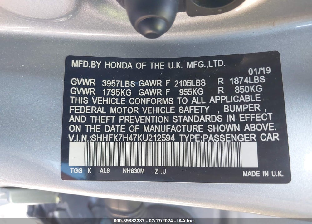 2019 HONDA CIVIC SPORT VIN: SHHFK7H47KU212594