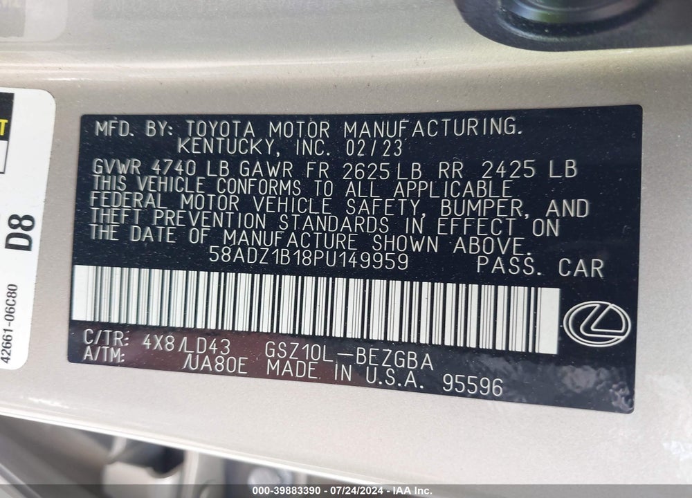 2023 LEXUS ES 350 VIN: 58ADZ1B18PU149959