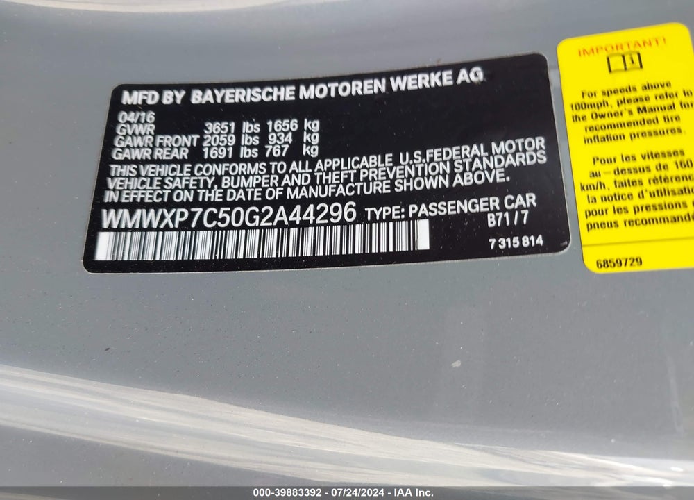 2016 MINI HARDTOP VIN: WMWXP7C50G2A44296