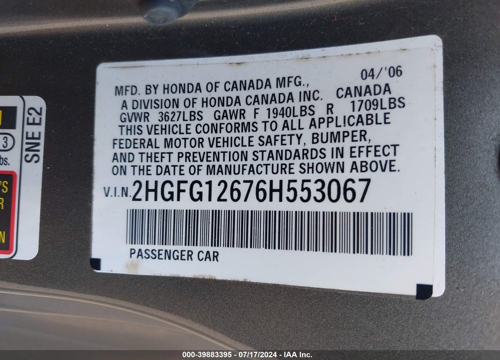 2006 HONDA CIVIC LX VIN: 2HGFG12676H553067