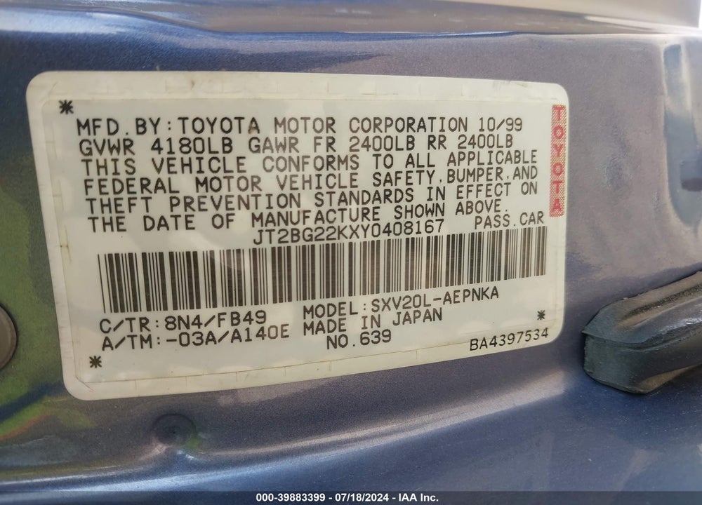 2000 TOYOTA CAMRY LE VIN: JT2BG22KXY0408167