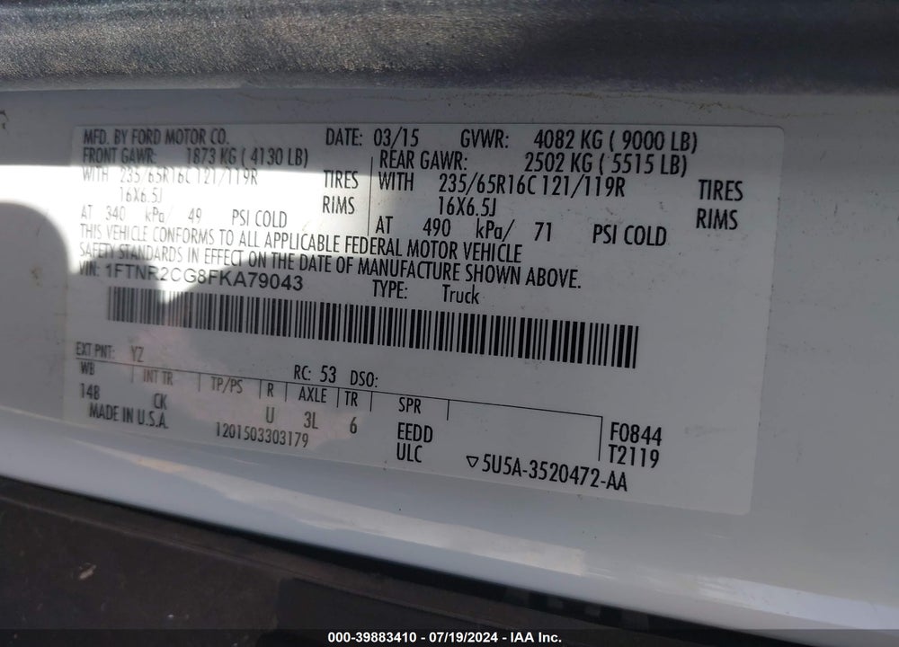 2015 FORD TRANSIT-250 VIN: 1FTNR2CG8FKA79043