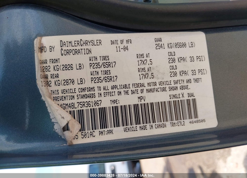 2005 CHRYSLER PACIFICA VIN: 2C4GM48L75R361067