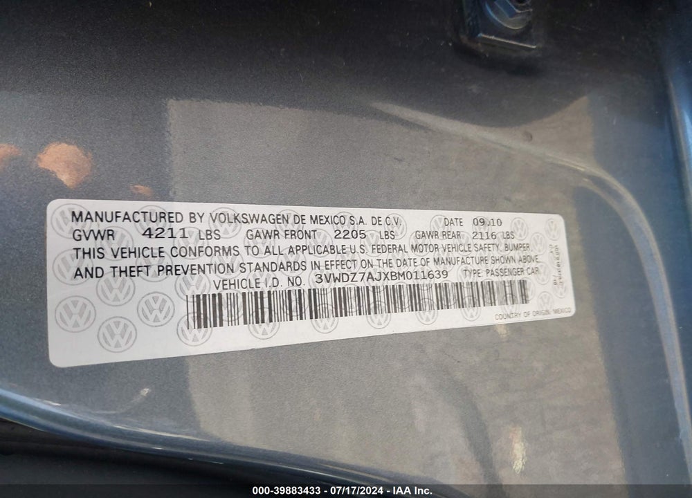 2011 VOLKSWAGEN JETTA VIN: 3VWDZ7AJXBM011639