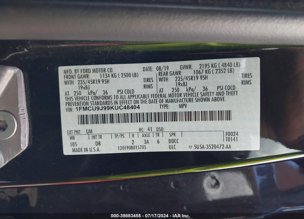 2019 FORD ESCAPE TITANIUM VIN: 1FMCU9J99KUC48404