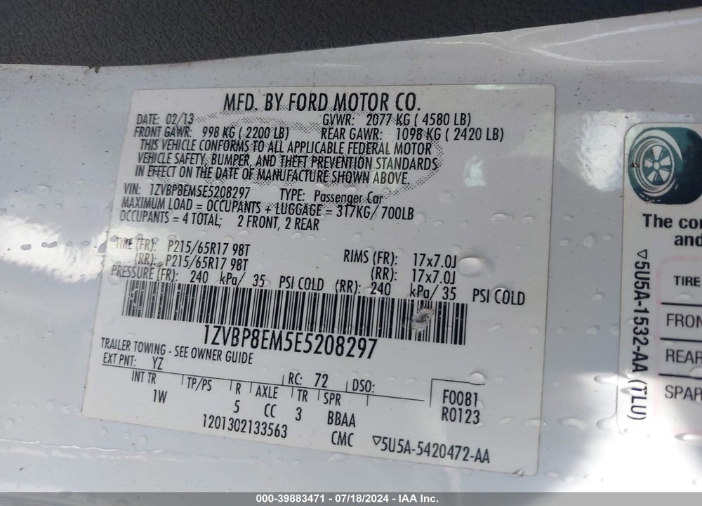 2014 FORD MUSTANG V6 VIN: 1ZVBP8EM5E5208297