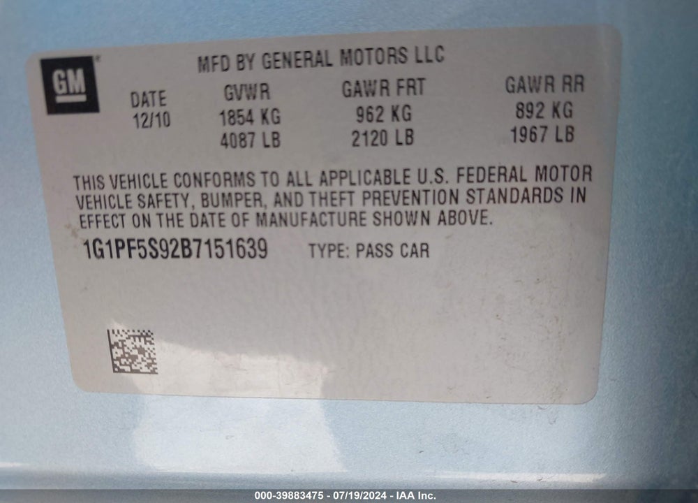 2011 CHEVROLET CRUZE 1LT VIN: 1G1PF5S92B7151639