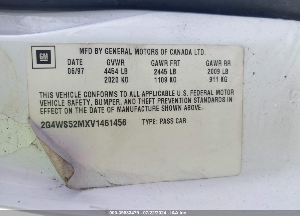 1997 BUICK CENTURY CUSTOM VIN: 2G4WS52MXV1461456