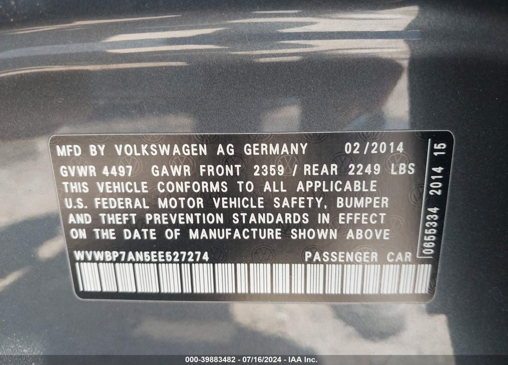 2014 VOLKSWAGEN CC 2.0T SPORT VIN: WVWBP7AN5EE527274