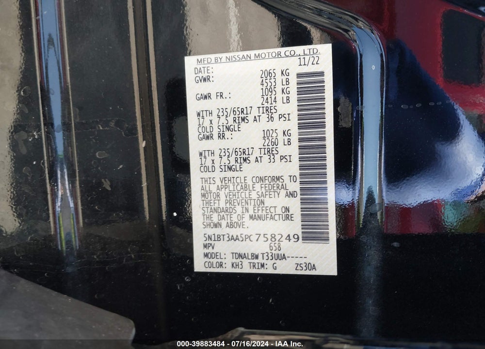 2023 NISSAN ROGUE S FWD VIN: 5N1BT3AA5PC758249