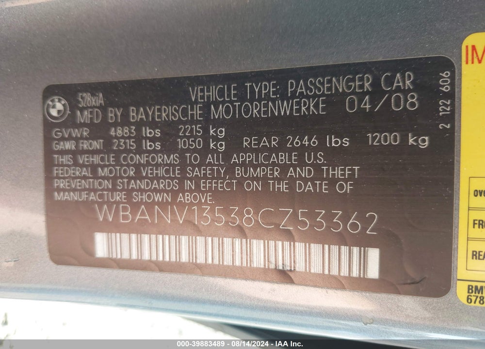 2008 BMW 528XI VIN: WBANV13538CZ53362