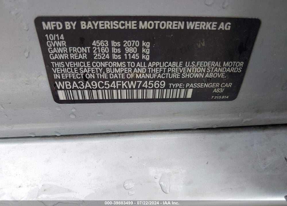 2015 BMW 335I VIN: WBA3A9C54FKW74569