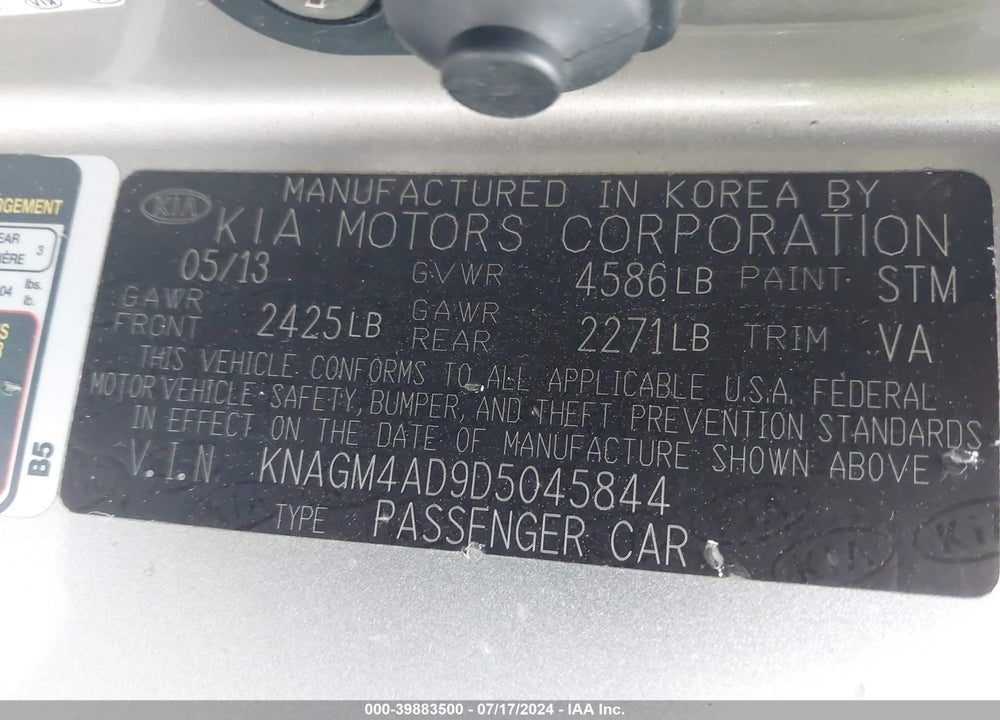 2013 KIA OPTIMA HYBRID VIN: KNAGM4AD9D5045844