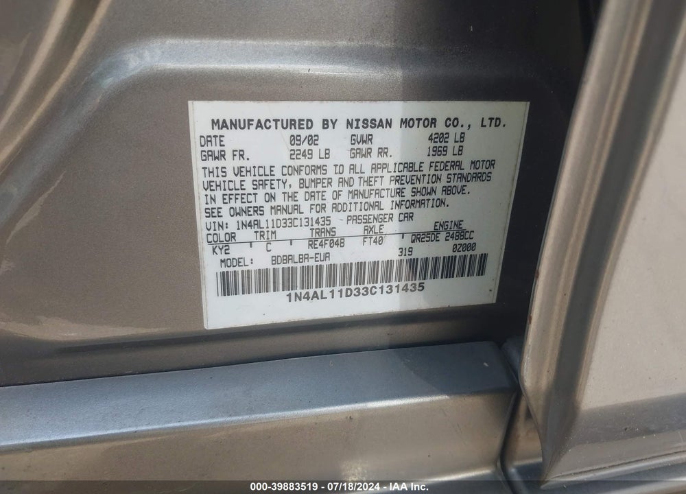 2003 NISSAN ALTIMA 2.5 S VIN: 1N4AL11D33C131435