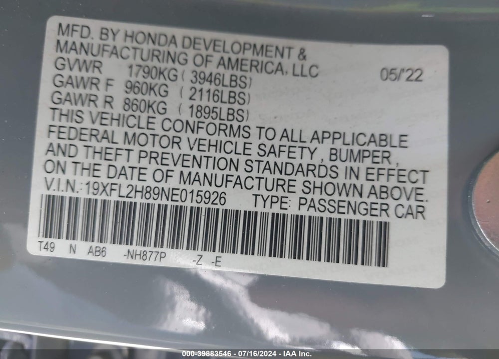 2022 HONDA CIVIC SPORT VIN: 19XFL2H89NE015926