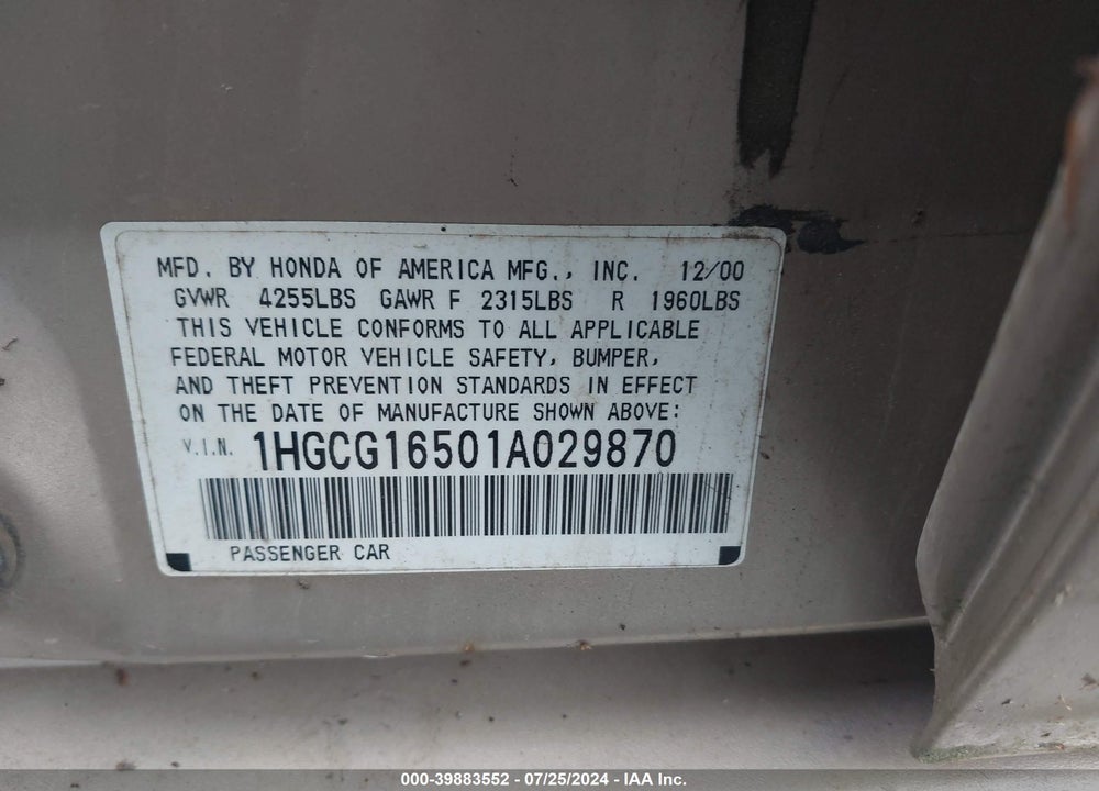 2001 HONDA ACCORD 3.0 EX VIN: 1HGCG16501A029870