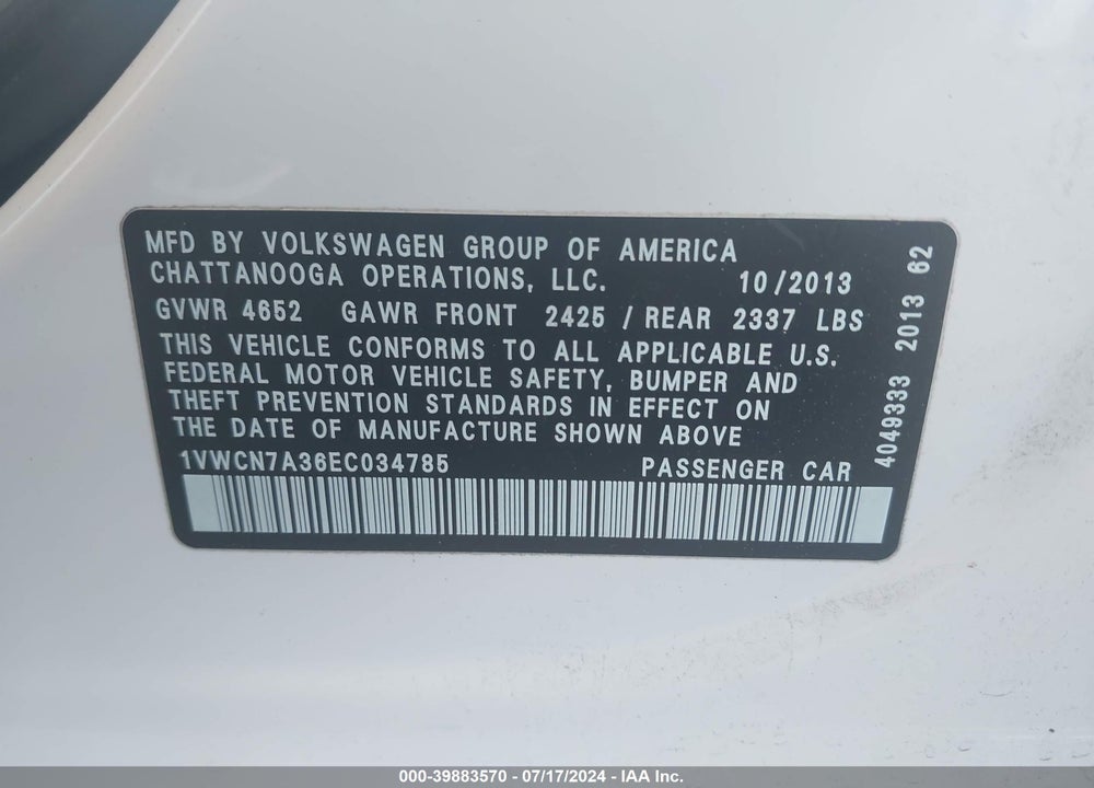 2014 VOLKSWAGEN PASSAT 2.0L TDI SEL PREMIUM VIN: 1VWCN7A36EC034785