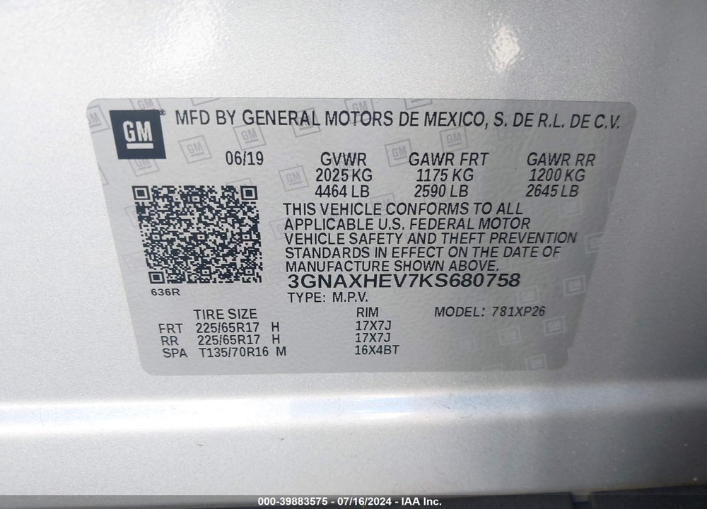 2019 CHEVROLET EQUINOX LS VIN: 3GNAXHEV7KS680758
